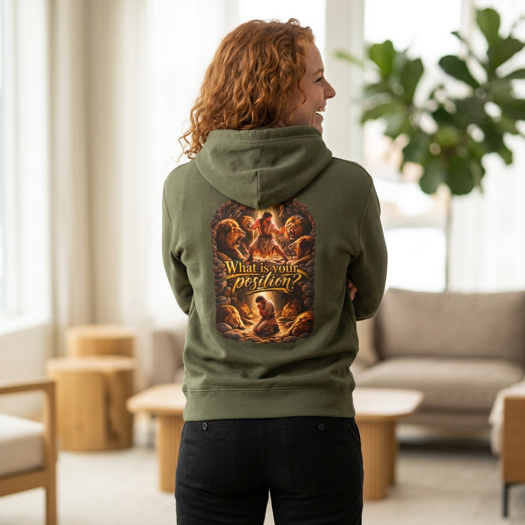 Hoodie —“What Is Your Position?” Daniel in the Lions’ Den Hoodie Vintage Angel Art Pullover