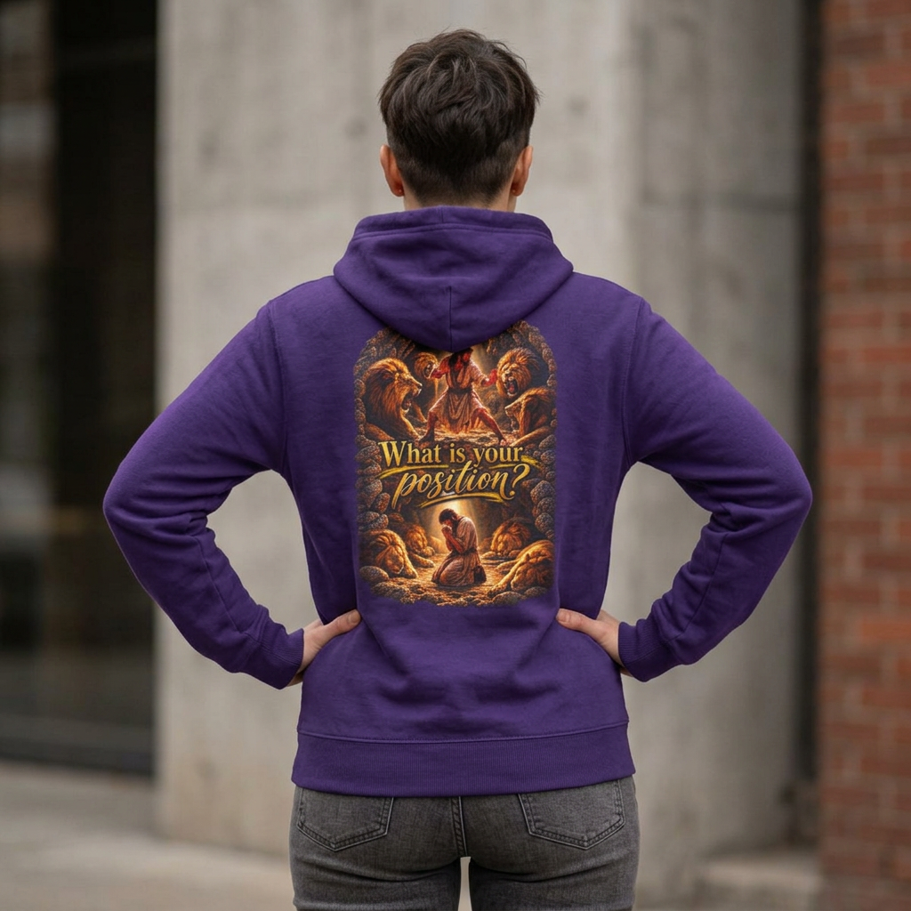 Hoodie —“What Is Your Position?” Daniel in the Lions’ Den Hoodie Vintage Angel Art Pullover