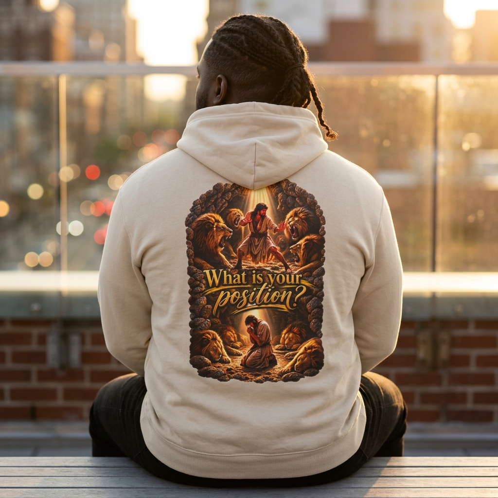 Hoodie —“What Is Your Position?” Daniel in the Lions’ Den Hoodie Vintage Angel Art Pullover