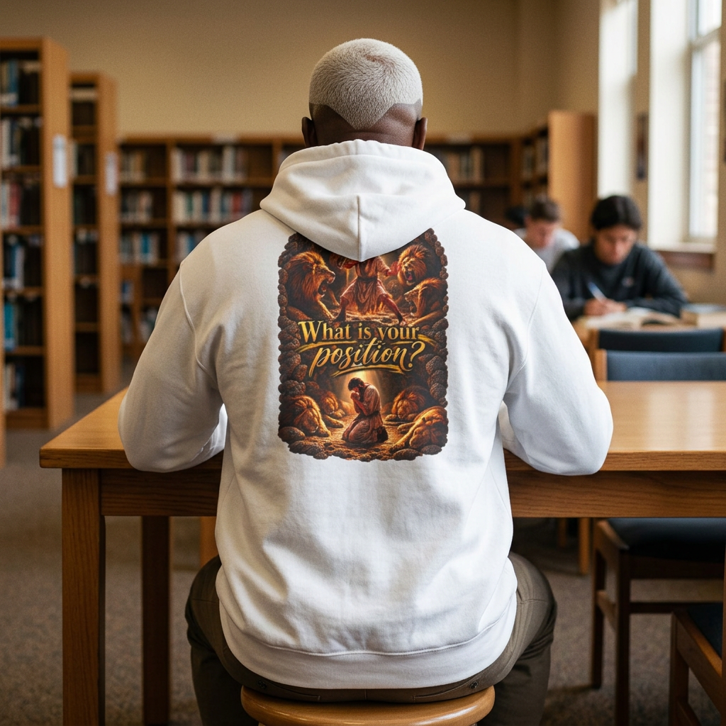 Hoodie —“What Is Your Position?” Daniel in the Lions’ Den Hoodie Vintage Angel Art Pullover