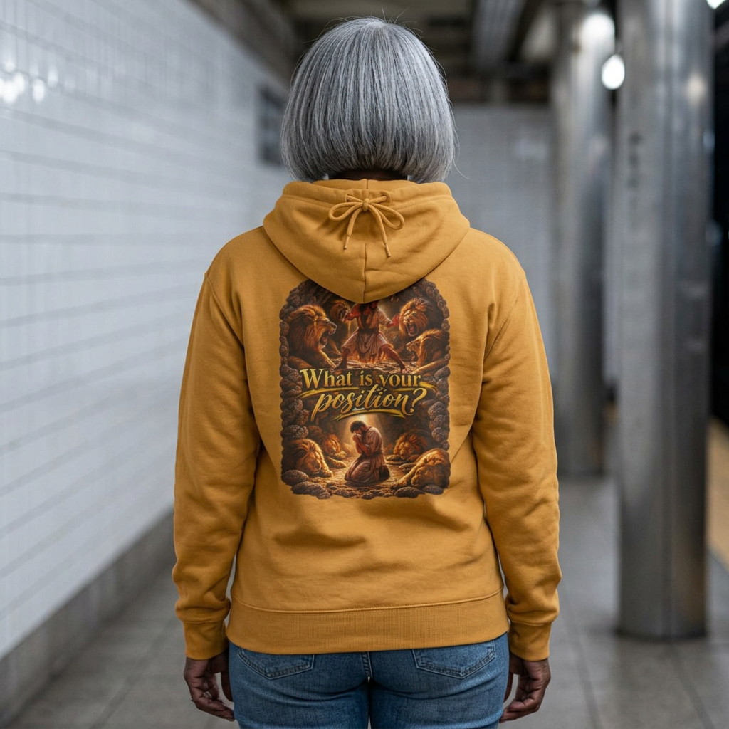 Hoodie —“What Is Your Position?” Daniel in the Lions’ Den Hoodie Vintage Angel Art Pullover