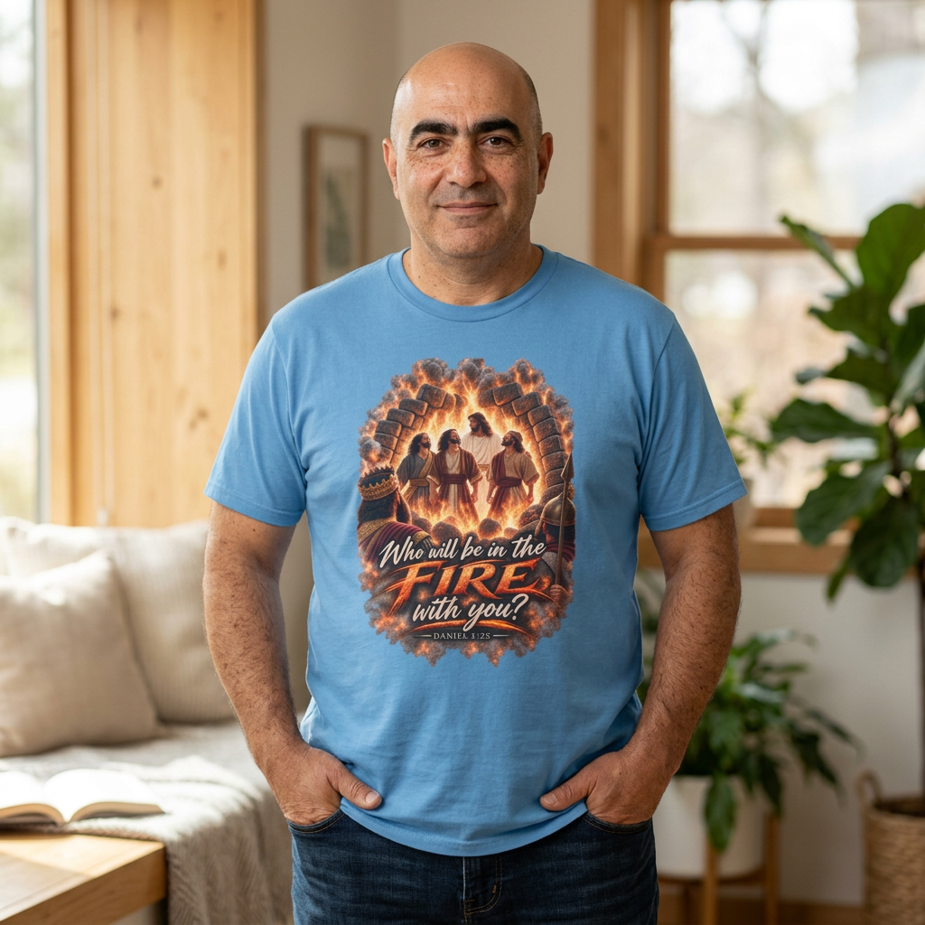 “Daniel 3:25 Fourth Man in the Fire Shirt | Who Will Be in the Fire With You Christian T-Shirt | Fiery Furnace Bible Verse Tee.”