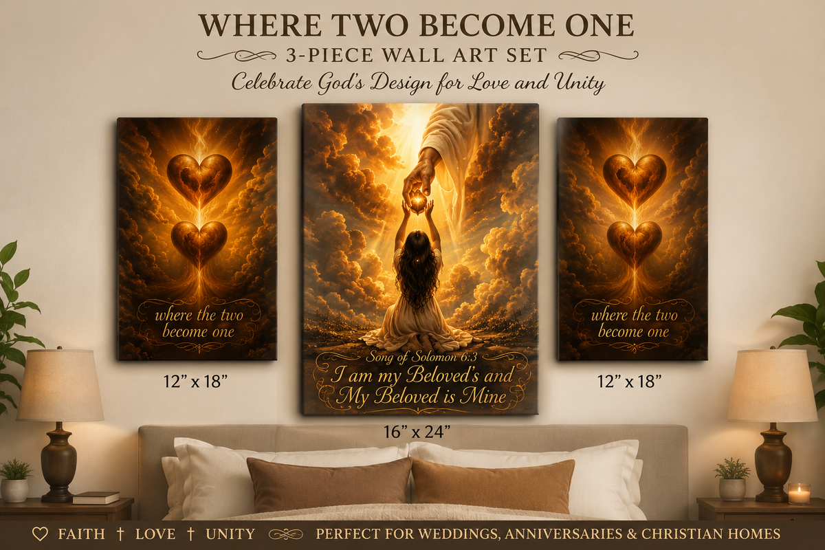 Where Two Become One – 3-Piece Christian Marriage Wall Art Set | Song of Solomon 6:3